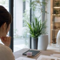 エステサロン コンセプト 作り方を考える女性オーナーとサロン内装のイメージ