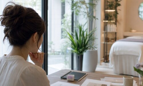 エステサロン コンセプト 作り方を考える女性オーナーとサロン内装のイメージ