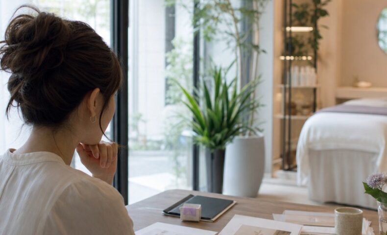 エステサロン コンセプト 作り方を考える女性オーナーとサロン内装のイメージ