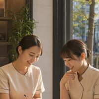 エステサロン集客アイデアを考えるスタッフと、再来店につながる施策をまとめたノート