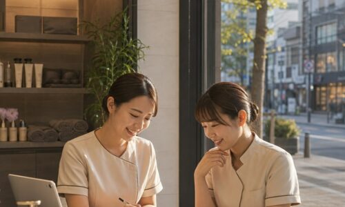 エステサロン集客アイデアを考えるスタッフと、再来店につながる施策をまとめたノート