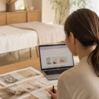 エステ サロン 世界観作り方を考える女性オーナーが、サロン内装や写真、予約導線を確認している様子