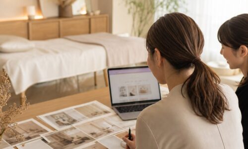 エステ サロン 世界観作り方を考える女性オーナーが、サロン内装や写真、予約導線を確認している様子