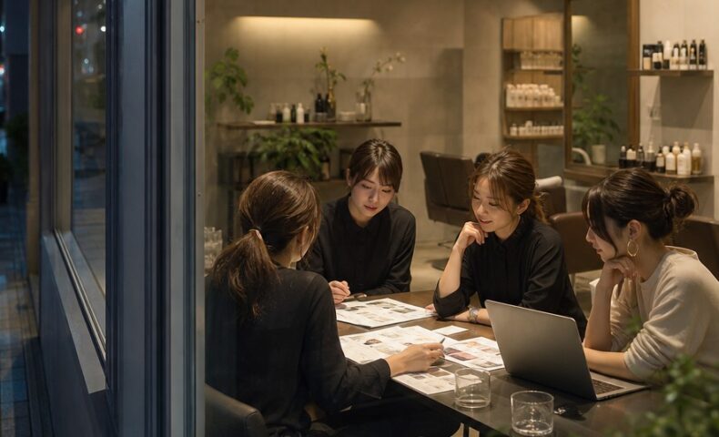 美容サロン 同業差別化 アイデアを考えるスタッフと、個性的なサービスや店内演出を検討する美容サロンの打ち合わせ風景