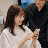 美容院の口コミの書き方を解説するイメージ。施術後の女性が美容師への褒め方や本音をスマートフォンに入力している