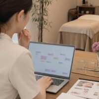 エステ集客できない原因を考えながら予約状況を確認するエステサロン経営者