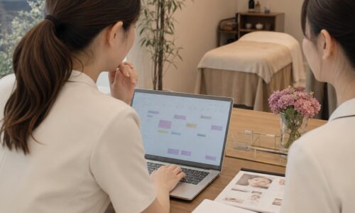 エステ集客できない原因を考えながら予約状況を確認するエステサロン経営者