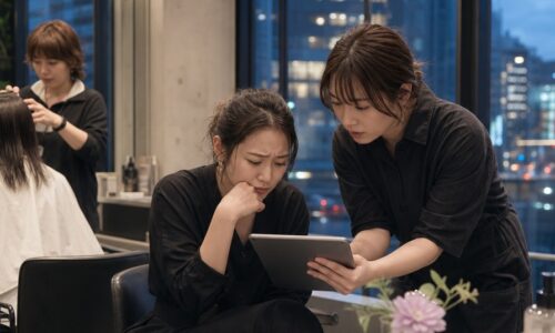 ホットペッパーの口コミで落ち込む美容サロンスタッフが、低評価を冷静に受け止めて前向きに考えるイメージ