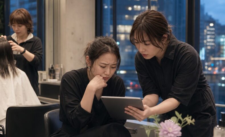 ホットペッパーの口コミで落ち込む美容サロンスタッフが、低評価を冷静に受け止めて前向きに考えるイメージ