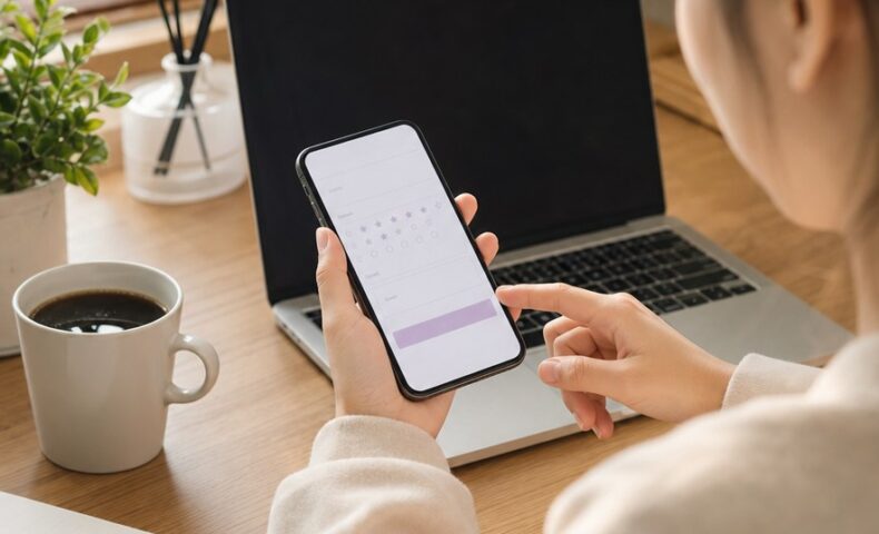 ホットペッパーの口コミが反映されない理由を確認するため、スマートフォンの口コミ投稿画面を見ている様子