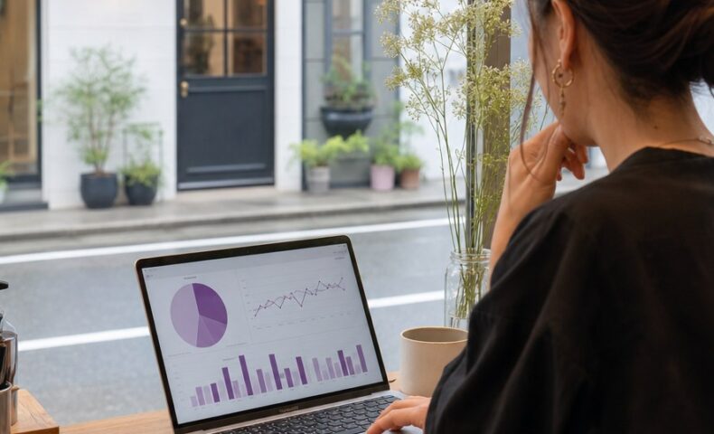 ホットペッパーSEOの改善策を考える美容サロン経営者と集客データを表示したパソコン画面
