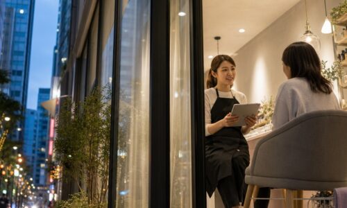 ネイルサロンの施術後にスタッフがお客様へ次回予約を案内している様子