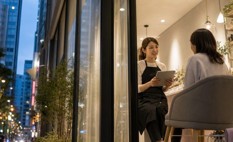 ネイルサロンの施術後にスタッフがお客様へ次回予約を案内している様子