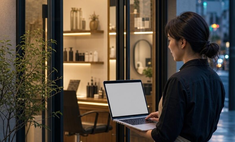 サロンボードのログイン画面をPCで開く入口と手順を示すイメージ