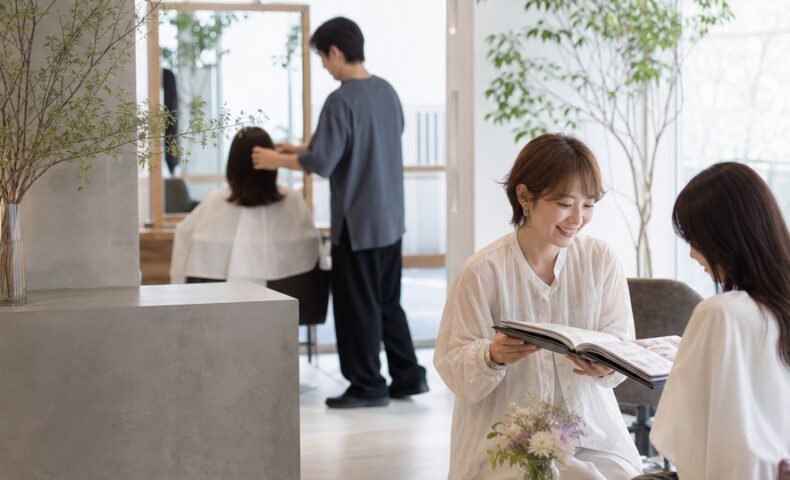 美容サロン ブランディング 成功事例を象徴する、洗練されたサロン空間と美容師の接客風景