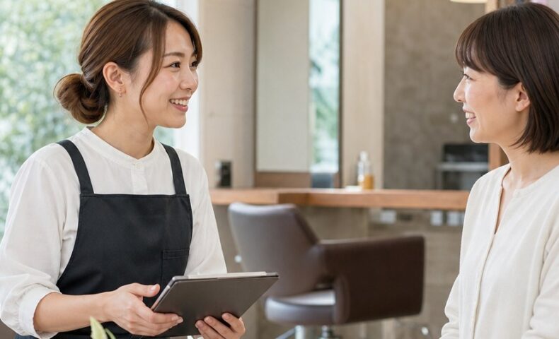 サロン集客支援のメリットをイメージした、スタッフと顧客が笑顔で相談する美容サロンの店内