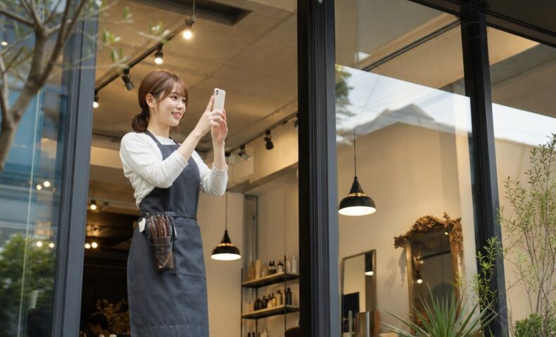 サロンのスタッフがスマートフォンでストーリーを発信し、予約につながる集客効果を高めるイメージ