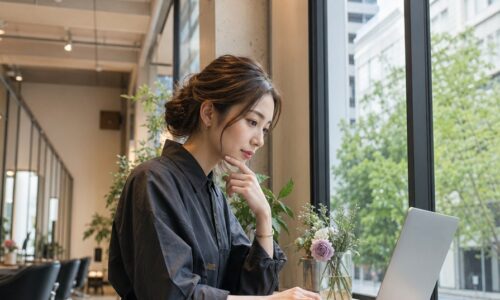 美容院の口コミ返信テンプレートを確認する美容師とノートパソコン