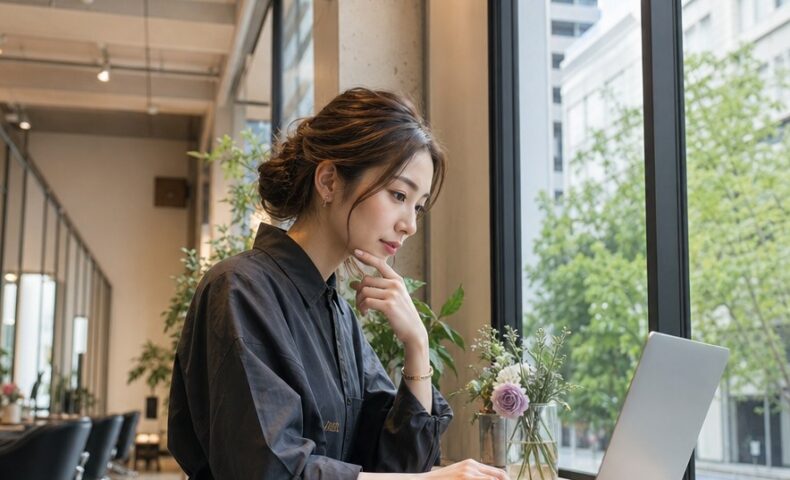 美容院の口コミ返信テンプレートを確認する美容師とノートパソコン