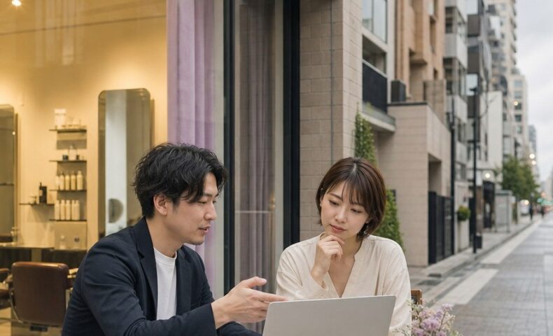 ヘアサロン集客代行会社の選び方を相談する美容室オーナーとマーケティング担当者