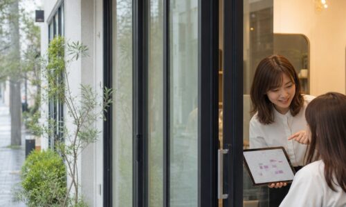 ヘアサロン集客支援の成功事例を示す、予約管理画面と美容師のカウンセリング風景