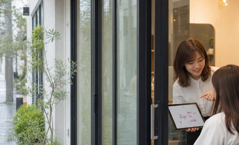 ヘアサロン集客支援の成功事例を示す、予約管理画面と美容師のカウンセリング風景