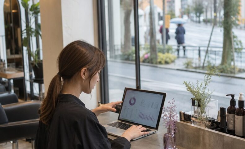 ホットペッパービューティーの予約率改善に向けて離脱ポイントを分析する美容室スタッフ