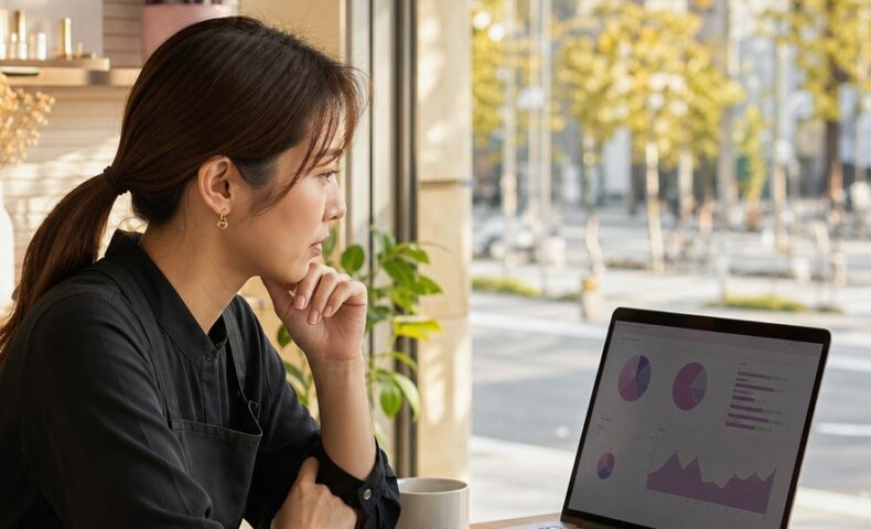 ネイルサロン集客の改善策を考えるサロンスタッフと予約状況を示すパソコン画面