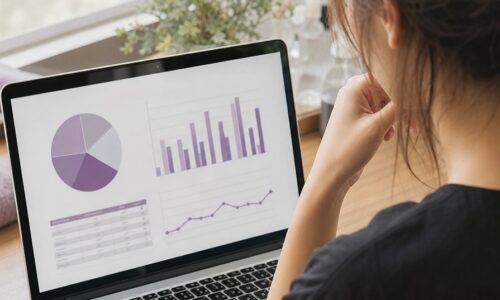 サロンボード リピーター 分析のイメージ。顧客データを確認し、再来店するお客様の共通点を分析する美容サロンスタッフ