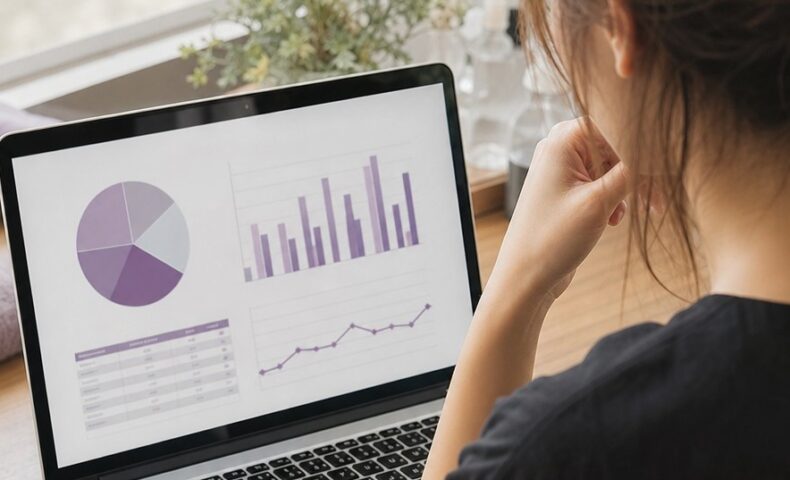 サロンボード リピーター 分析のイメージ。顧客データを確認し、再来店するお客様の共通点を分析する美容サロンスタッフ
