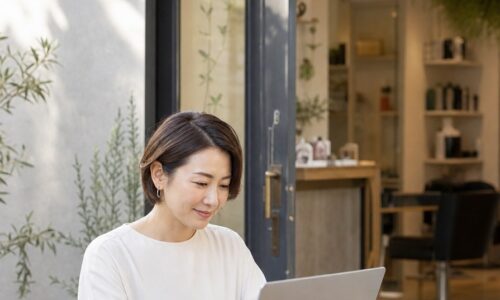 サロン集客 ChatGPT 活用をイメージした、ノートパソコンで集客アイデアを考える美容サロン経営者