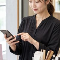 サロンの口コミ投稿導線の作り方を示す、スタッフがスマートフォンで案内を確認するイメージ画像