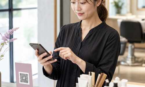 サロンの口コミ投稿導線の作り方を示す、スタッフがスマートフォンで案内を確認するイメージ画像