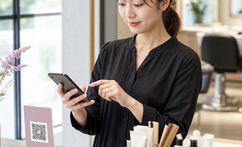 サロンの口コミ投稿導線の作り方を示す、スタッフがスマートフォンで案内を確認するイメージ画像