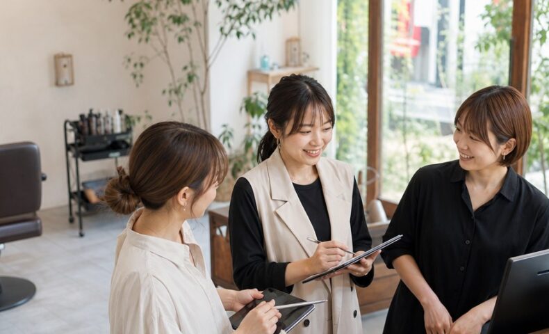 ホットペッパービューティーの口コミ評価を上げる方法を考えるサロンスタッフと接客カウンター