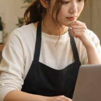 低評価の口コミに返信するサロンスタッフと、返信例文を確認するノートパソコン