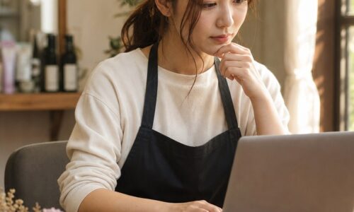 低評価の口コミに返信するサロンスタッフと、返信例文を確認するノートパソコン