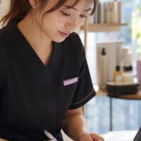 サロン集客とリピート率向上のため、顧客満足度を感想で終わらせず記録・分析するスタッフのイメージ