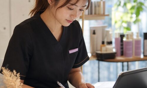 サロン集客とリピート率向上のため、顧客満足度を感想で終わらせず記録・分析するスタッフのイメージ